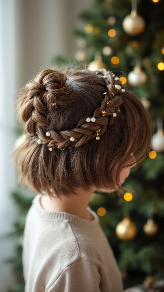 A playful braided crown hairstyle adorned with pearls and golden accents, set against a festive background.