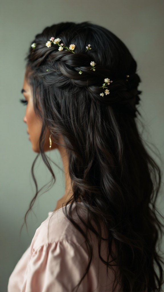 A side view of a woman with long, wavy dark hair styled into a playful braided crown adorned with small flowers.