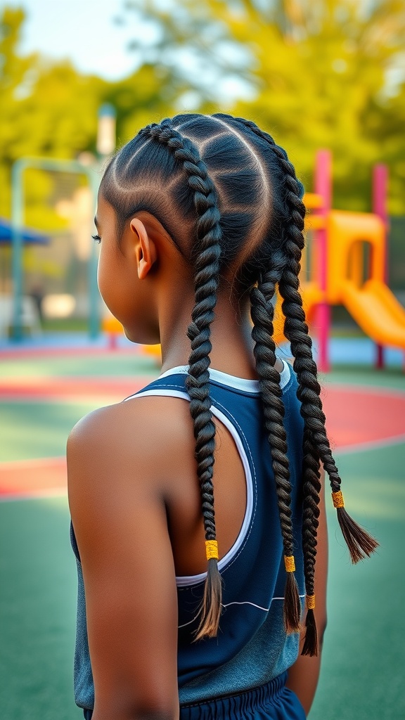 A young girl with braided pigtails, showcasing a sporty hairstyle while playing outside.