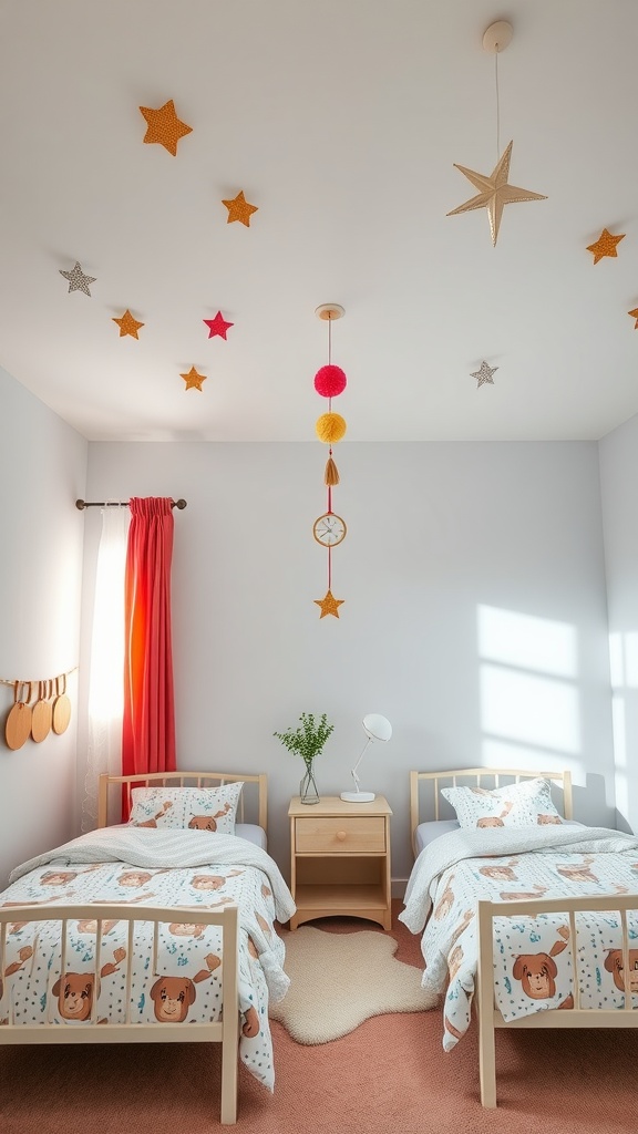 A shared bedroom with twin beds decorated with playful ceiling decor, featuring colorful stars and pom-poms.