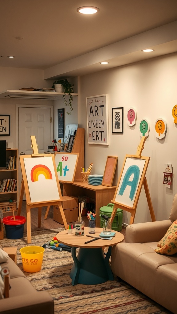 Children's art corner in a basement, featuring easels with colorful drawings, art supplies, and cozy seating.