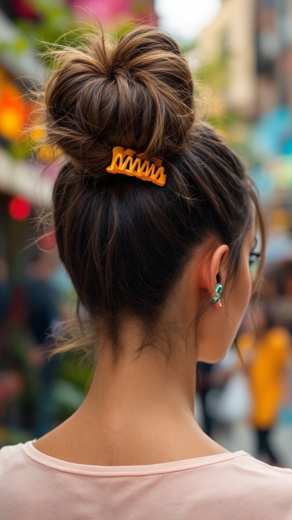 A woman with a high top knot secured by an orange claw clip, showing off her short hair in a vibrant outdoor setting.