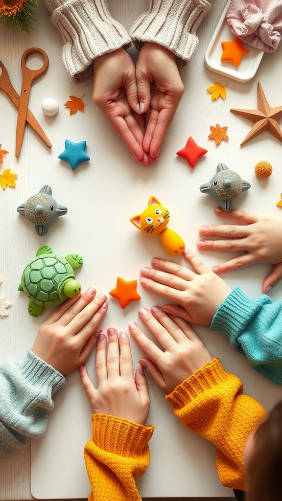 Children's hands molding colorful clay animals including a turtle, cat, and sea creatures.