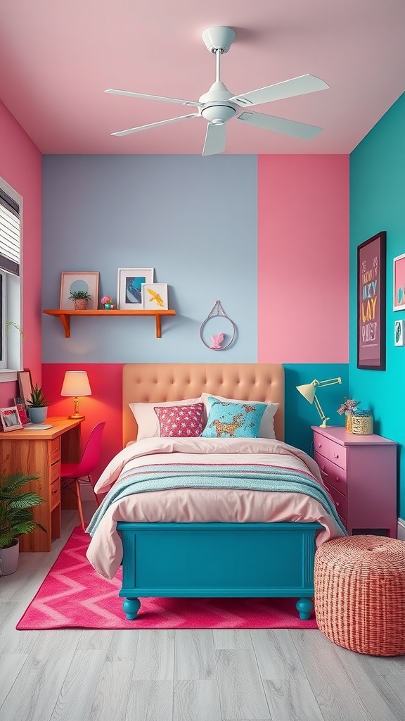 A colorful teen bedroom featuring playful color blocking with pink, blue, and turquoise walls, stylish furniture, and decorative accents.