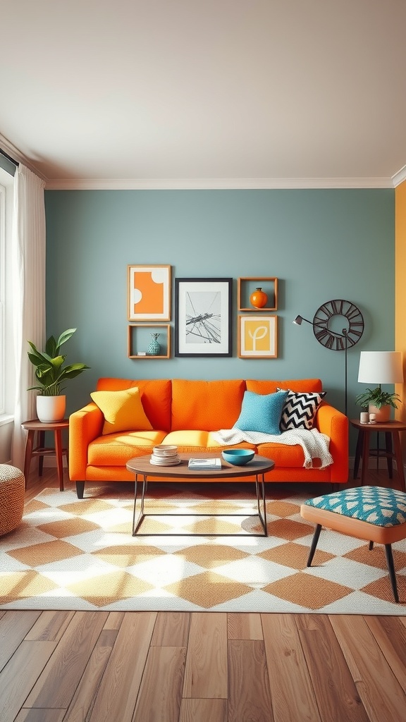 A vibrant living room featuring an orange sofa, teal walls, and colorful decor.