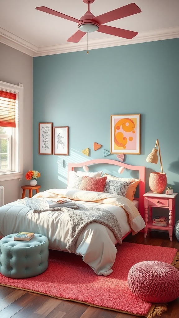 A tween girl's bedroom showcasing a playful color palette with blue walls, coral furniture, and colorful decor.