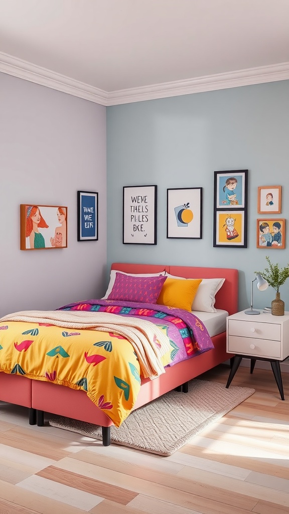 A colorful corner bed setup for teens with vibrant bedding and playful wall art.