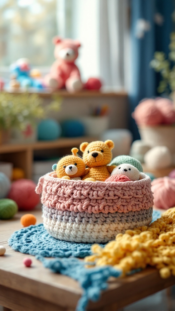 A playful crochet basket filled with cute bear toys, surrounded by colorful yarn balls and a cheerful atmosphere.