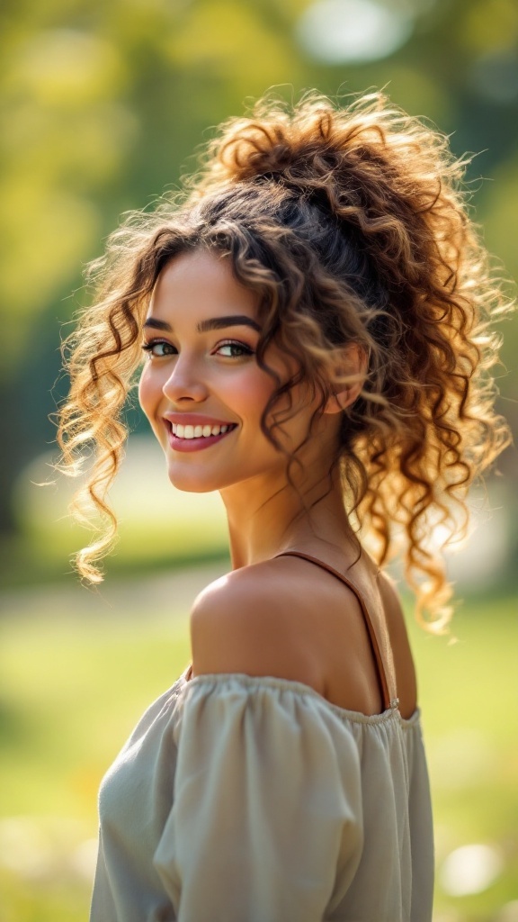 A woman with a playful curly ponytail, smiling outdoors.
