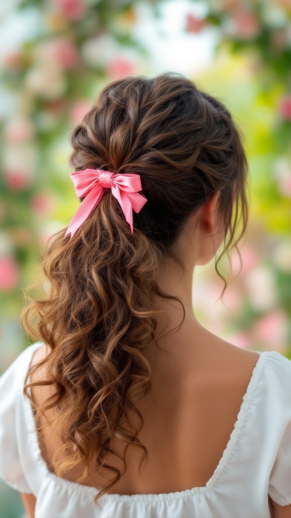 A woman with a curly ponytail tied with a pink ribbon, set against a blurred floral background.