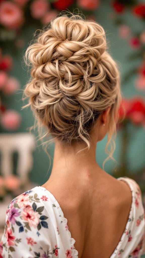 A playful curly top knot hairstyle, showcasing soft curls and a romantic look with a floral dress.