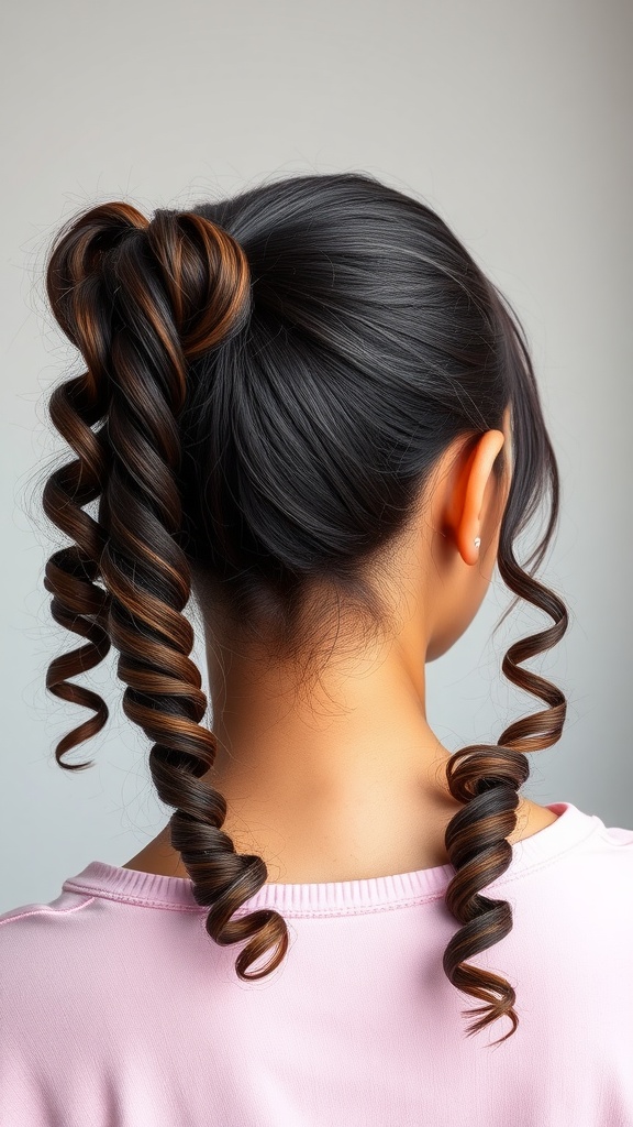 A person with playful deep wave pigtails, showcasing defined curls and a vibrant hairstyle.