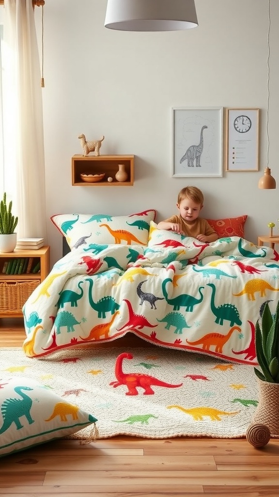 A cozy toddler room featuring a dinosaur-themed bedding set with colorful patterns, a child happily sitting on the bed, and dinosaur decorations in the room.