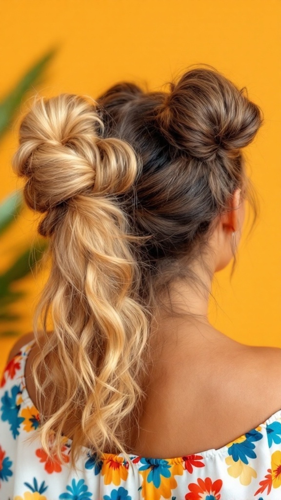 A woman with medium hair styled in playful double buns, showcasing two messy buns with the rest of her hair flowing down, set against a bright yellow background.