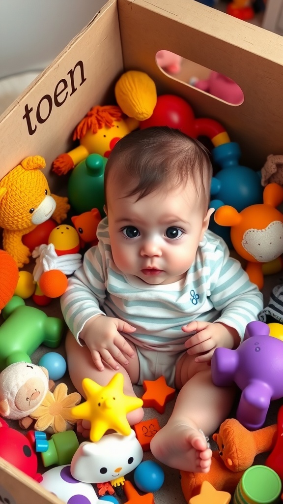 A baby sitting in a toy box surrounded by colorful toys, displaying a curious expression.