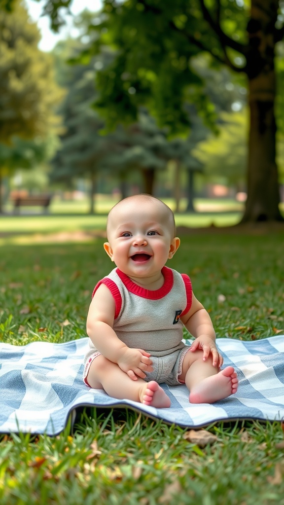 A happy baby sitting on a checkered blanket in a grassy park, surrounded by trees.