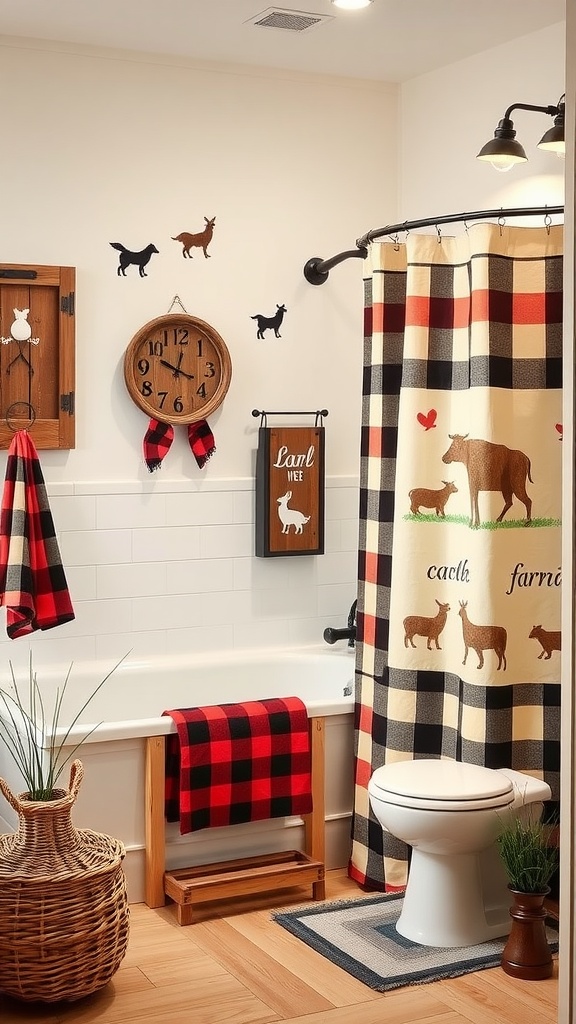 A playful farm-themed bathroom with animal decor, plaid towels, and a cheerful shower curtain.