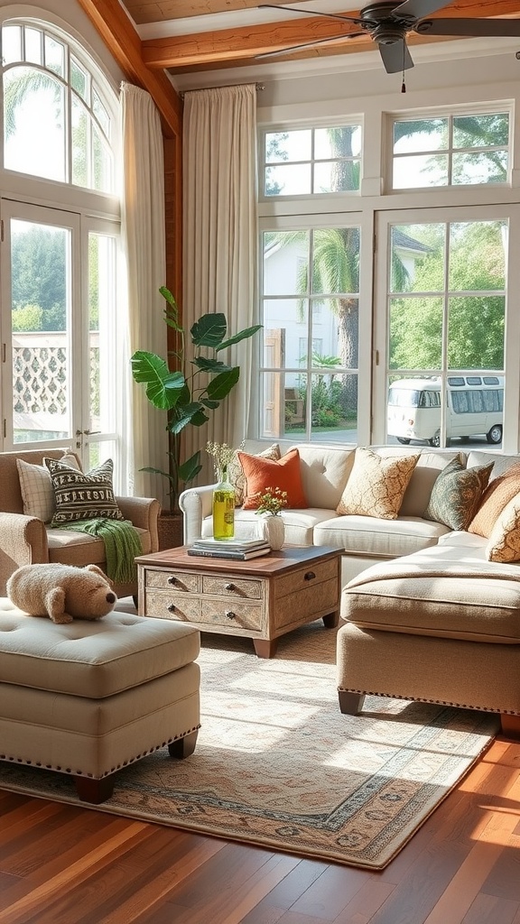 A cozy family room with a sectional sofa, storage ottoman, and decorative coffee table.