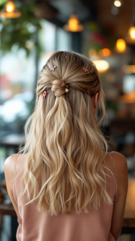 A casual hairstyle with medium length hair styled in soft waves, featuring colorful hair clips in the shape of flowers and butterflies.