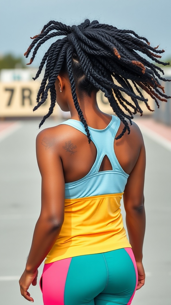 A person with playful twisted hair wearing colorful athletic attire, standing on a track.