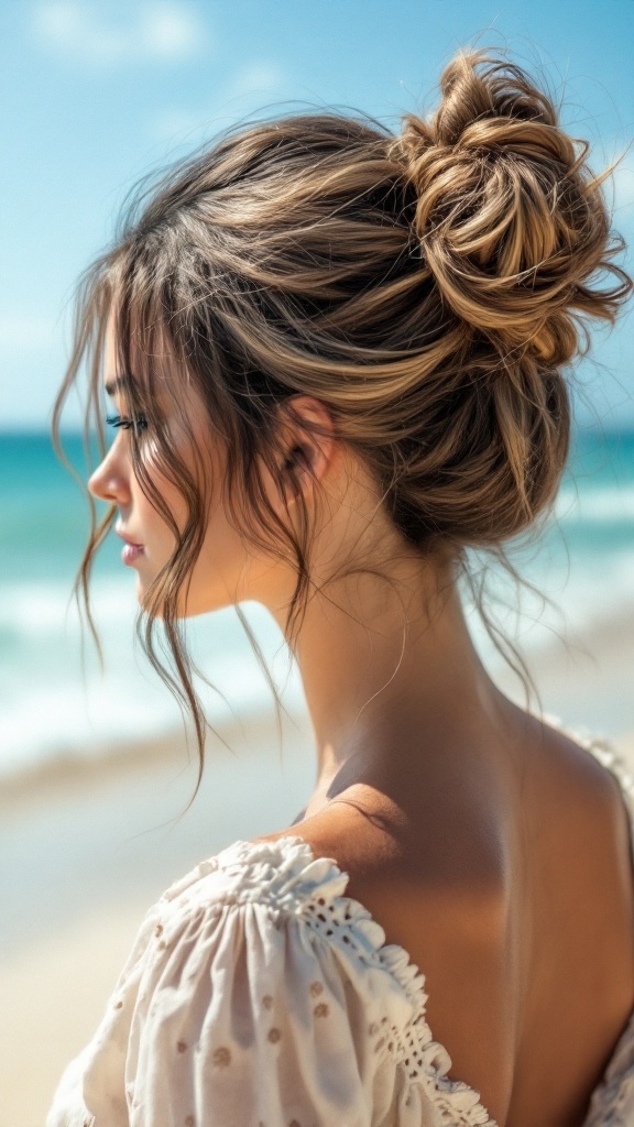 A woman with a playful half bun hairstyle and beach waves, set against a beach background.