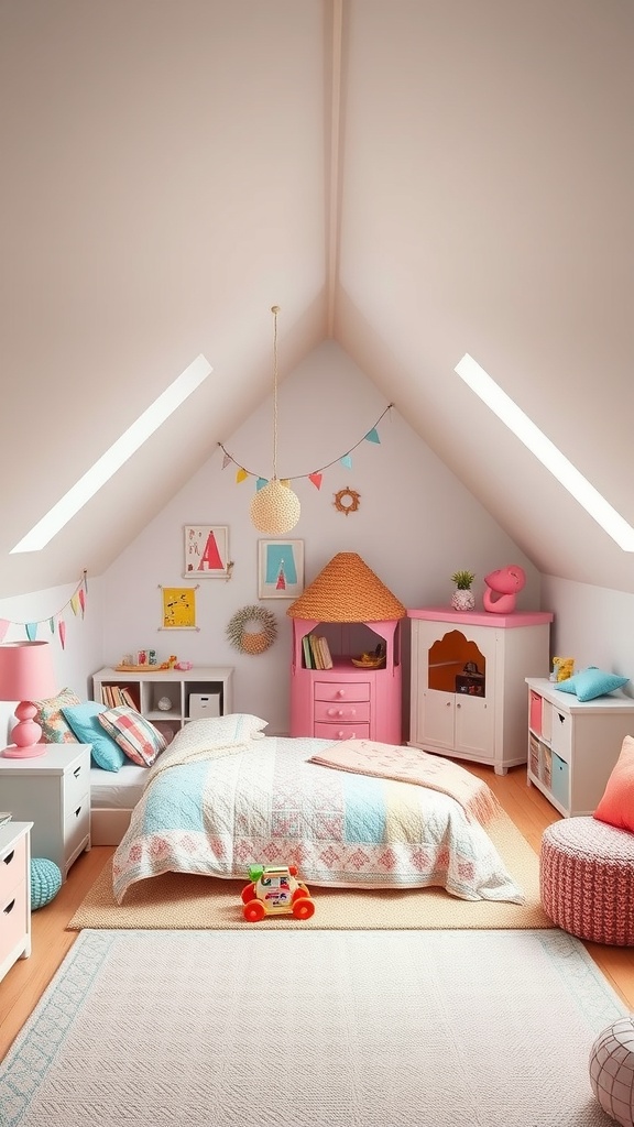 A colorful and playful attic room designed for kids, featuring a cozy bed, a playhouse, and cheerful decor.