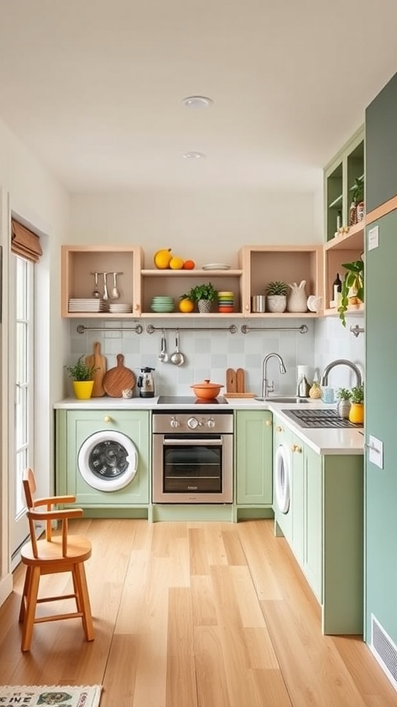 A colorful kitchen space featuring green cabinets, an orange chair, and open shelves with fruits and plants.