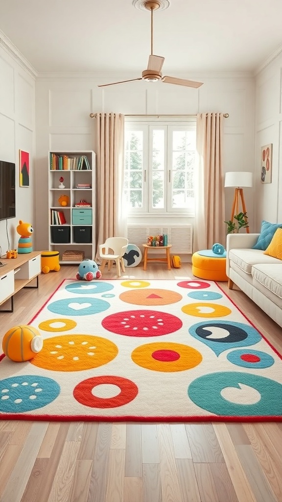 A colorful kids' rug with various shapes and patterns in a bright living room.