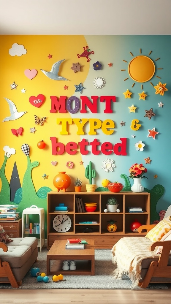 A colorful kids' wall with playful decorations, including birds, stars, and letters, in a vibrant living room setting.