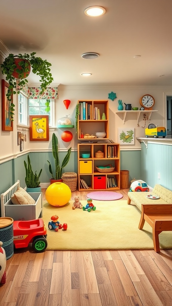 A colorful and playful children's zone in a basement family room featuring toys, bookshelves, and cozy seating.