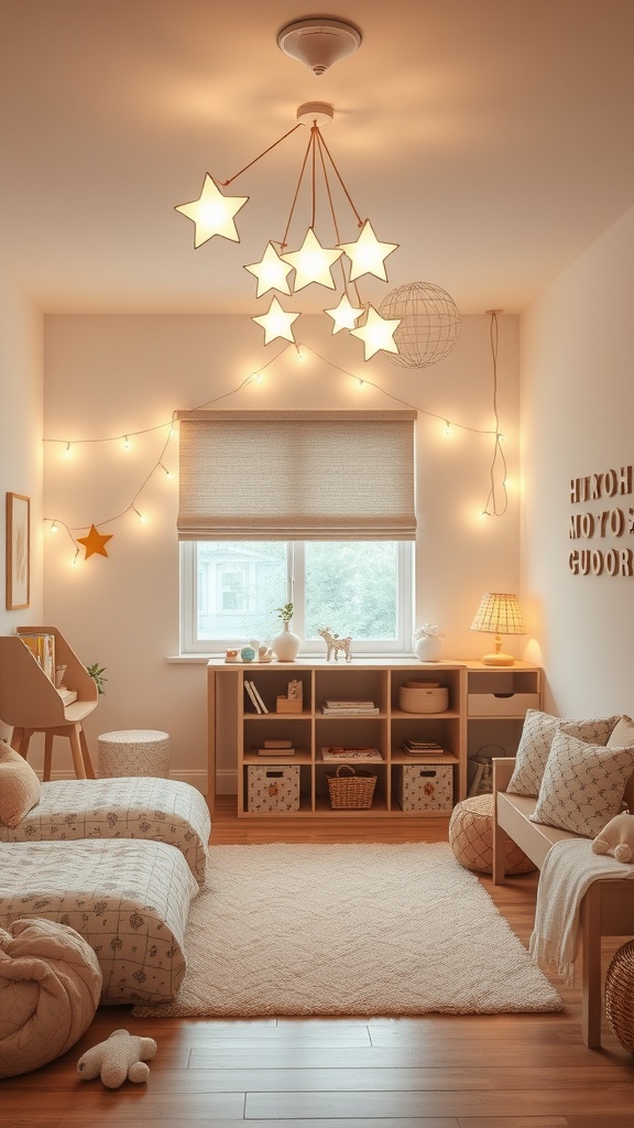 A cozy kindergarten bedroom featuring star-shaped ceiling lights and warm string lights.