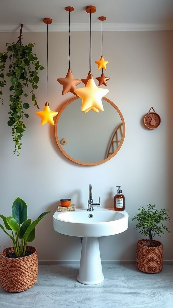 Colorful kids bathroom with star-shaped hanging lights and plants