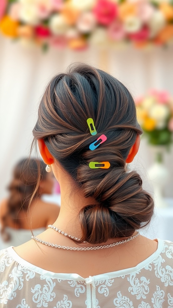 A stylish low ponytail adorned with colorful clips, set against a floral backdrop.