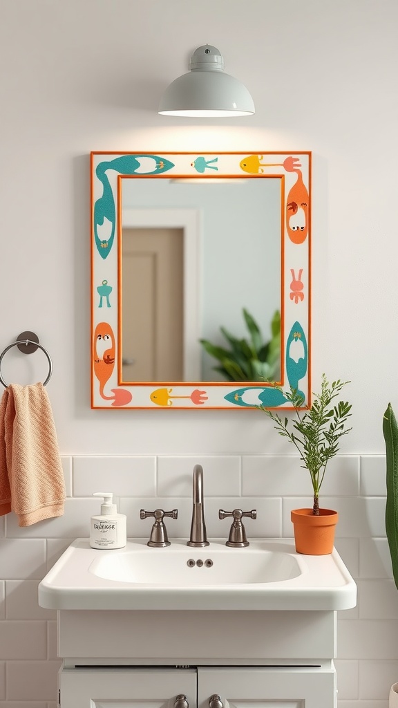 A colorful mirror with playful designs in a kids' bathroom