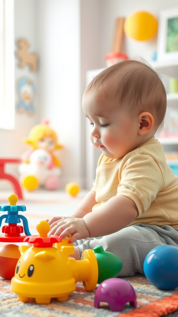 A baby playing with colorful toys in a bright, cheerful room.
