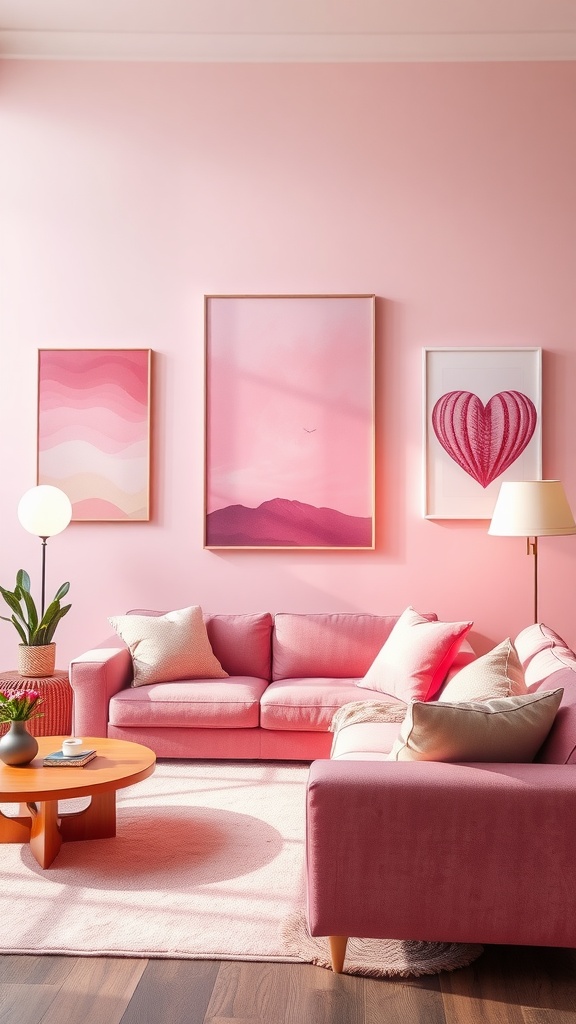 A cozy pink living room featuring ombre shades on the walls and pink furniture.