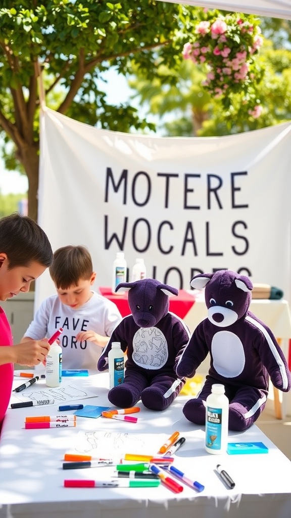 Children decorating onesies at a summer baby shower