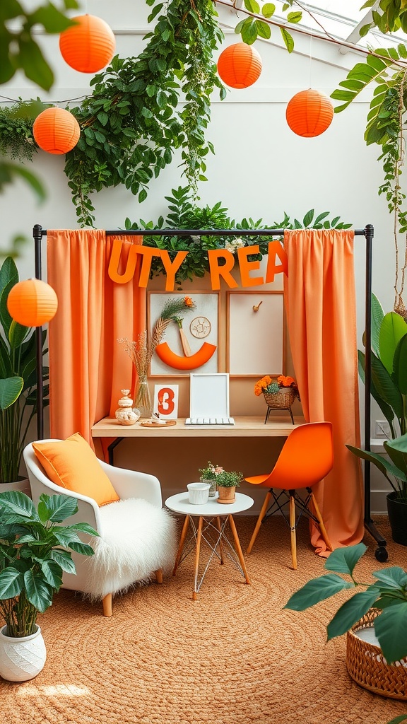 A vibrant orange-themed photo booth with colorful decorations, seating, and plants, perfect for a baby shower.