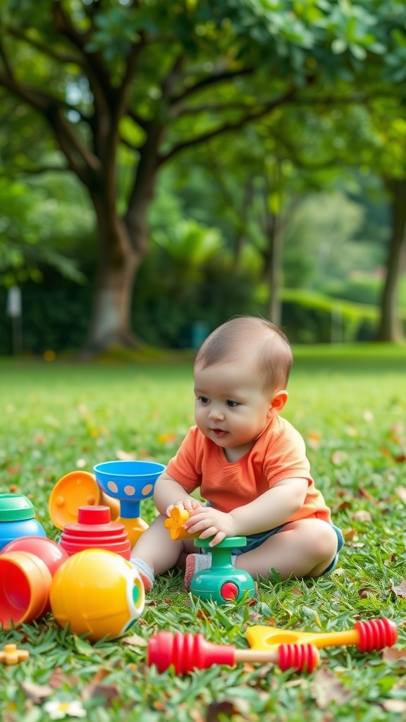 Baby playing with colorful toys on the grass outdoors