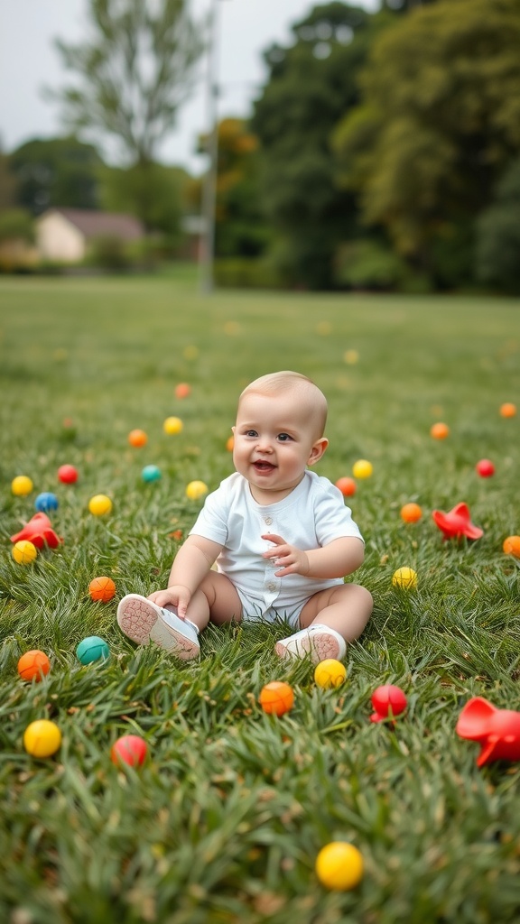 A baby sitting on grass surrounded by colorful balls, smiling happily.