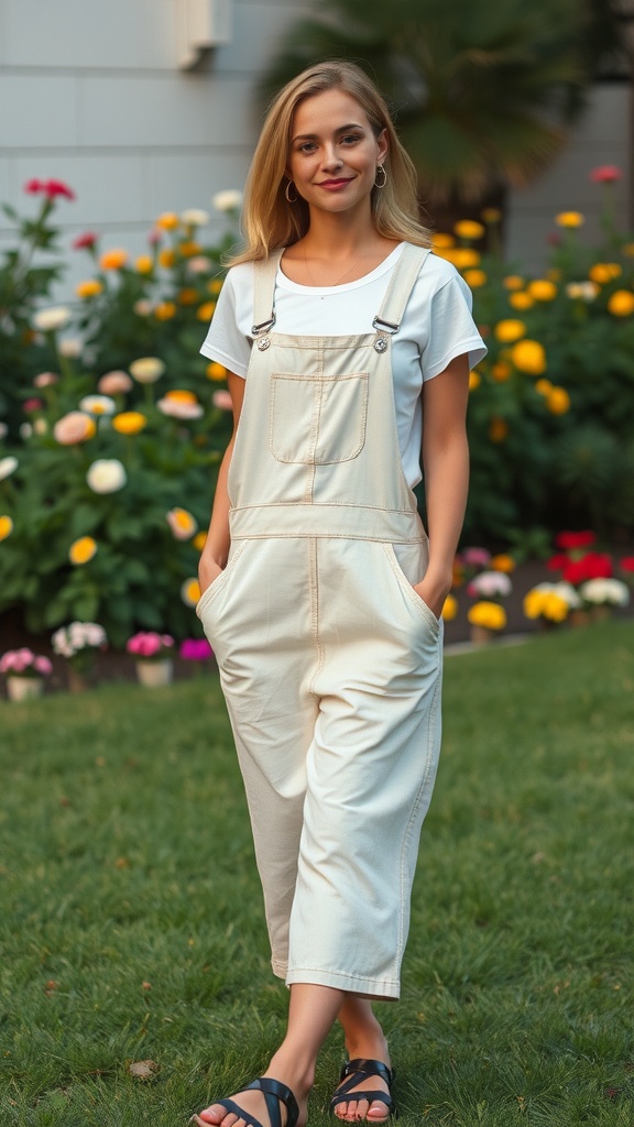 A young girl wearing a denim overall dress over a t-shirt, standing in a garden filled with flowers.