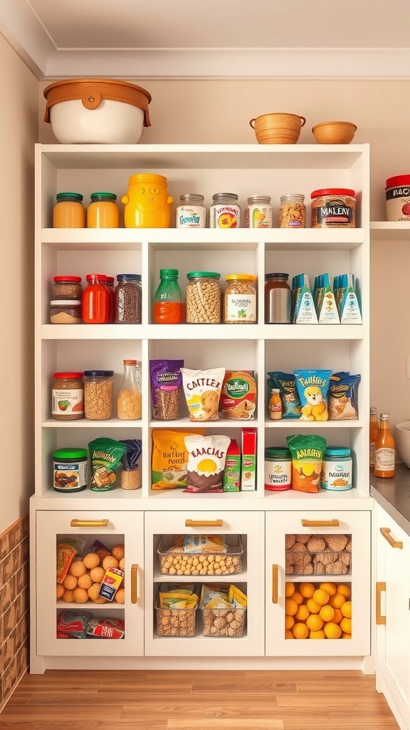 A colorful and organized pantry with various jars and containers on shelves, showcasing snacks and ingredients.
