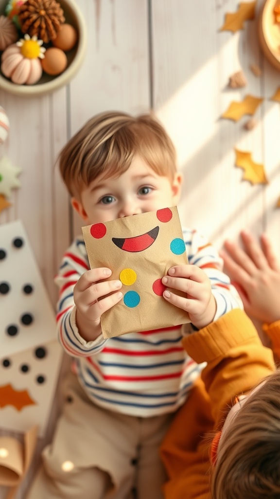 A child holding a colorful paper bag puppet with a big smile, surrounded by crafting materials.