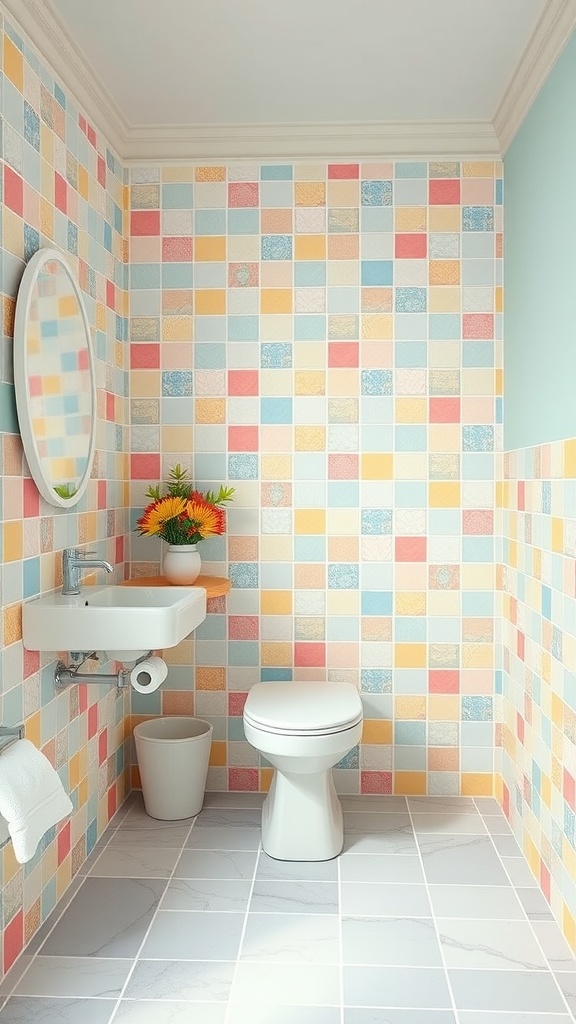 A bathroom featuring playful pastel tiles in a grid pattern, with a round mirror and colorful flowers.