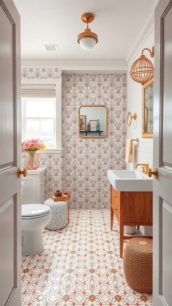 A stylish powder bathroom featuring playful patterns on the wallpaper and floor tiles, with warm textiles and decor.