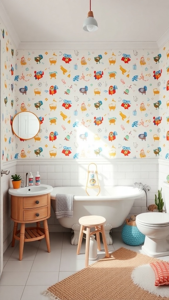 A colorful kids' bathroom with playful animal-themed wallpaper, a bathtub, and wooden furniture.