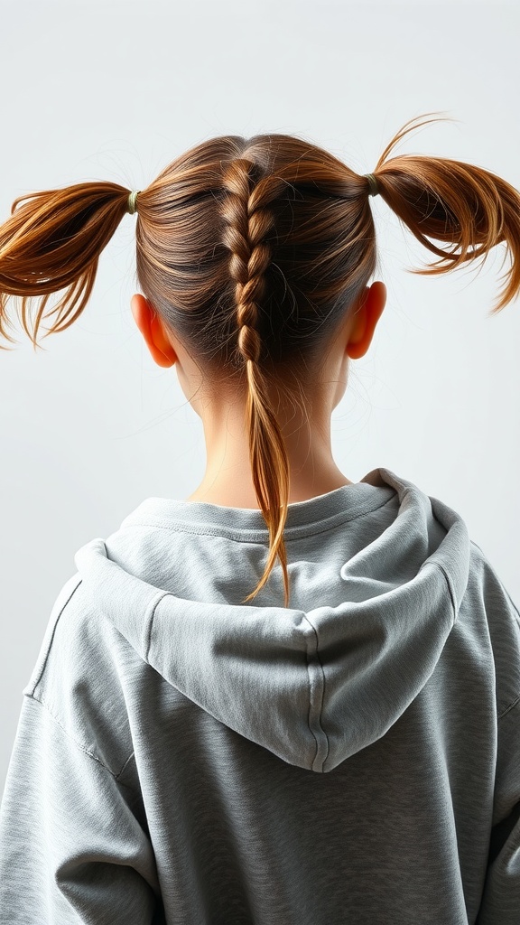 A girl with braided pigtails wearing a gray hoodie.