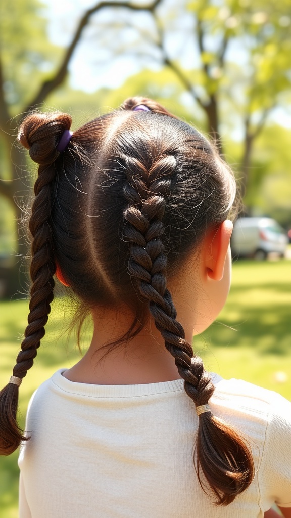 A child's back view showing two braided pigtails in a sunny outdoor setting.