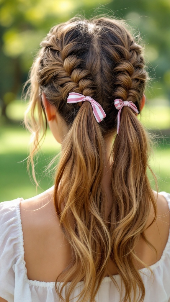 A young woman with medium-length hair styled in two braided pigtails tied with pink ribbons.