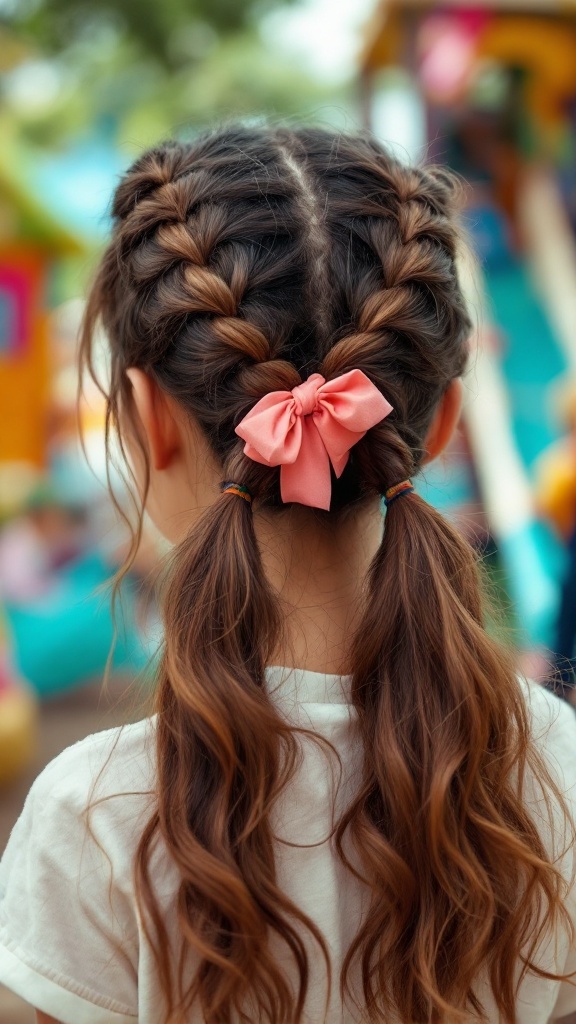 Girl with braided pigtails tied with pink bows